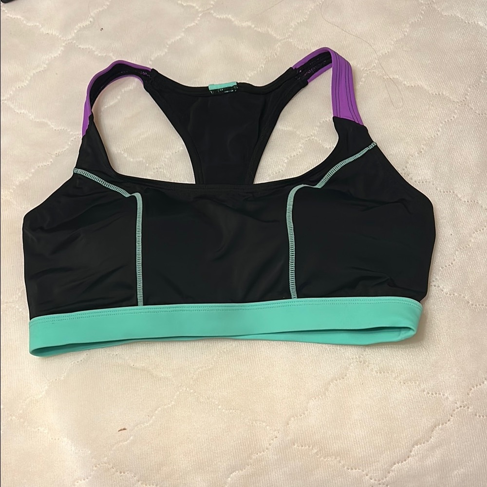 Black Sports Bra swimsuit top with Seafoam green and Purple Accents